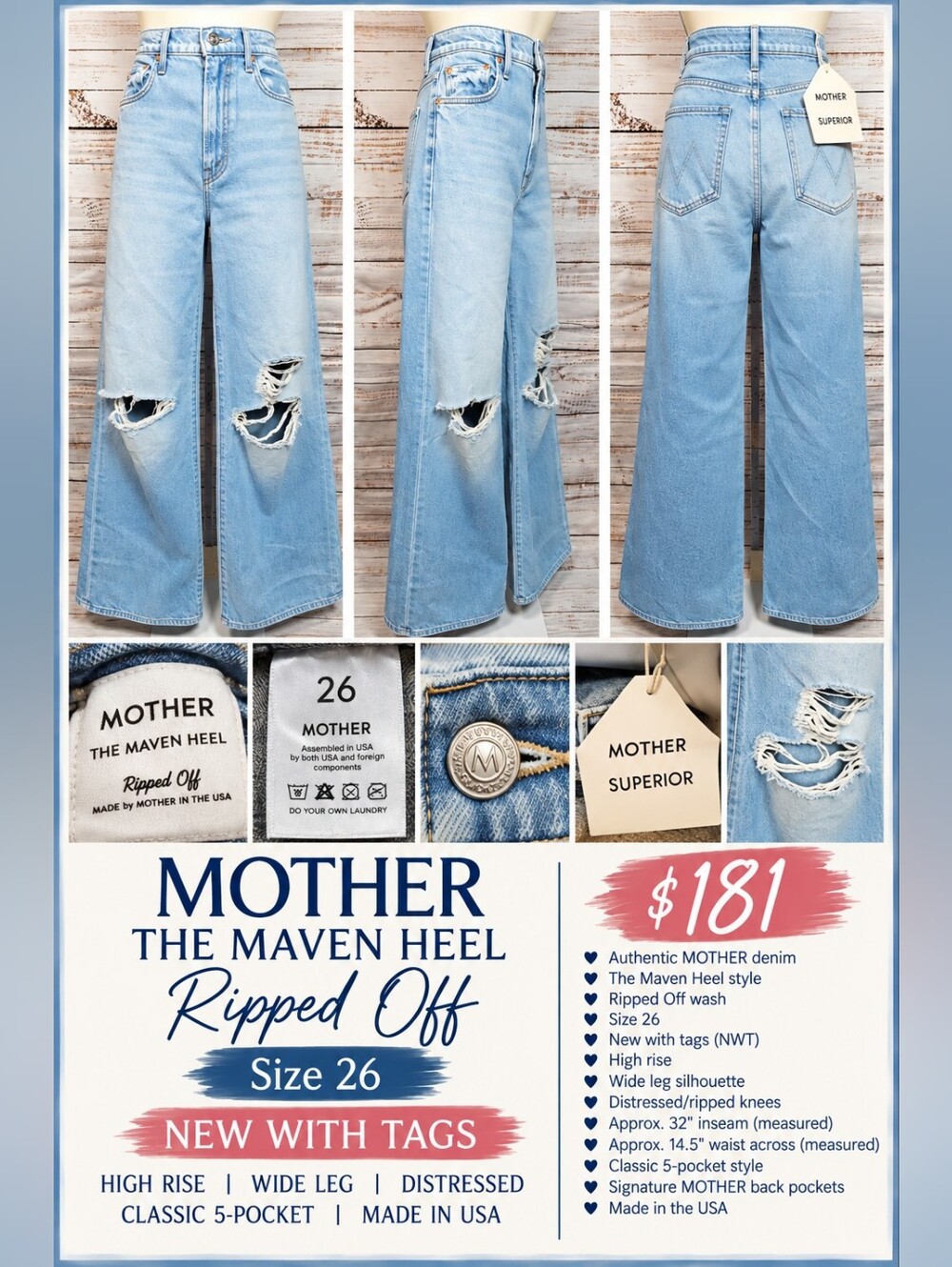 MOTHER The Maven Heel High Rise Wide Leg Jeans 26 Ripped Off NWT